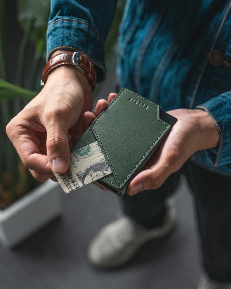 VULKIT Pop up Card Wallet RFID Blocking Slim Aluminum Metal Bank Card Holder Case with Business Money Pocket for Credit Cards Notes and Coins Green - Image 4